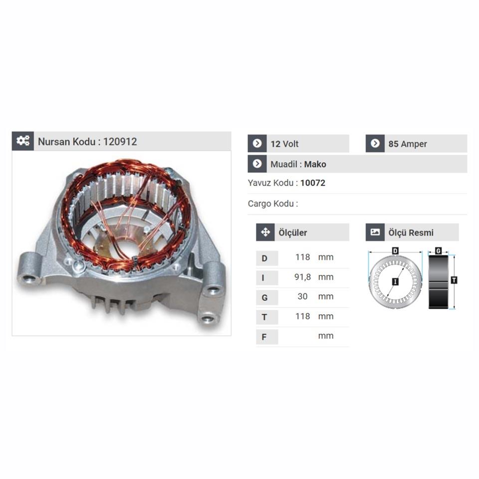 ALTERNATÖR ÖN KAPAK MARELLI-DENSO TİPİ 85 A (STATÖRLÜ) FIAT-OPEL 1.2/1.3/1.4