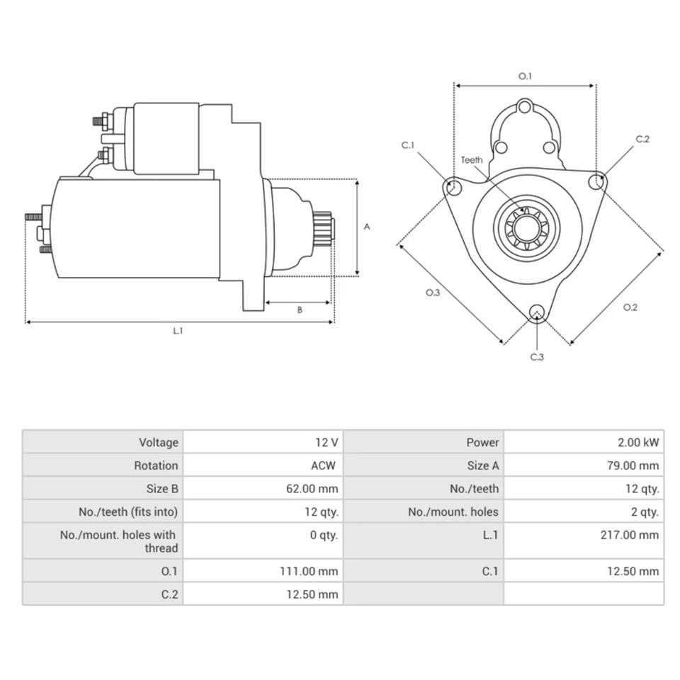 12V MARŞ MOTORU 12 DİŞ 2 KW AUDI A3/Q2/Q3-SEAT ATECA/LEON-SKODA OCTAVIA/SUPERB-VW ARTEON/GOLF