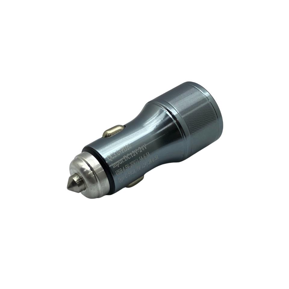12V-24V TELEFON ŞARJ CİHAZI HIZLI ŞARJ (ÇAKMAK GİRİŞLİ) (USB+TYPE-C) (QC3.0+PD20) GRİ