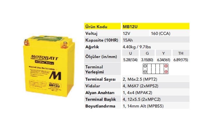 MOTOBATT 12V 15 AH MOTOSİKLET AKÜSÜ 160 A (EN) (134*80*161) (YB12A-A)