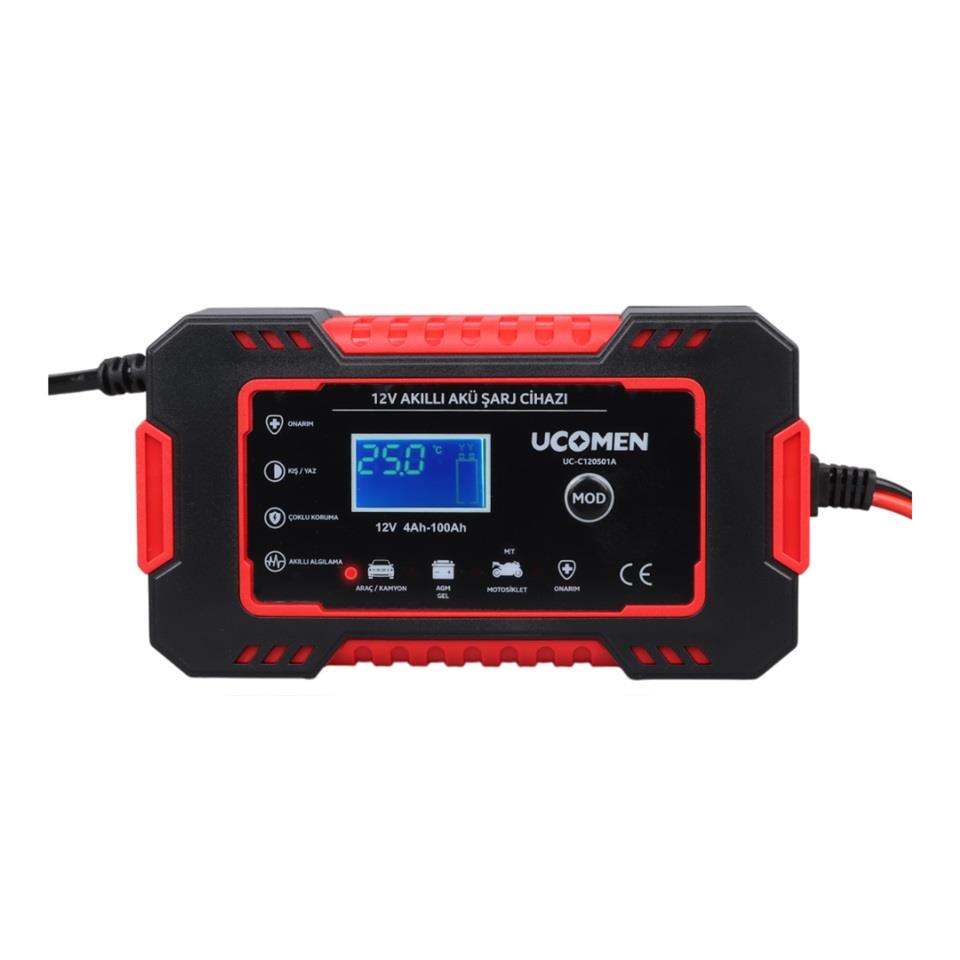 UCOMEN 12V ŞARJ REDRESÖRÜ (AKILLI AKÜ ŞARJ CİHAZI) OTOMATİK 6 A LCD EKRAN KIRMIZI (+AGM/JEL)