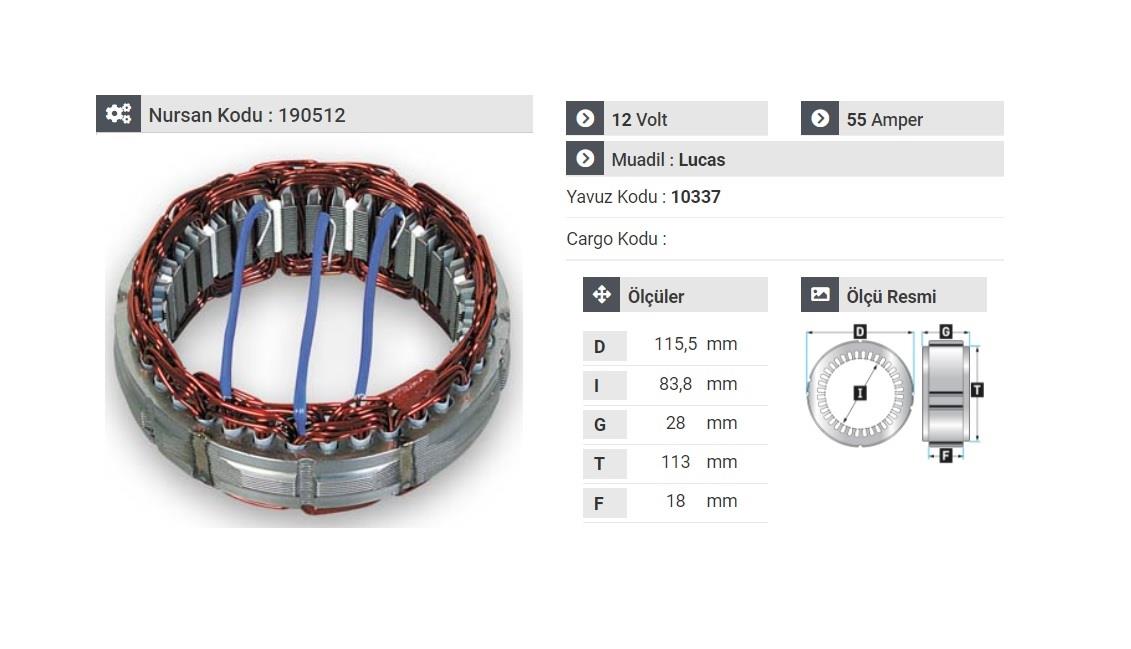 12V ALTERNATÖR STATÖR LUCAS TİPİ 55 A (3 UÇLU) (A-115) 