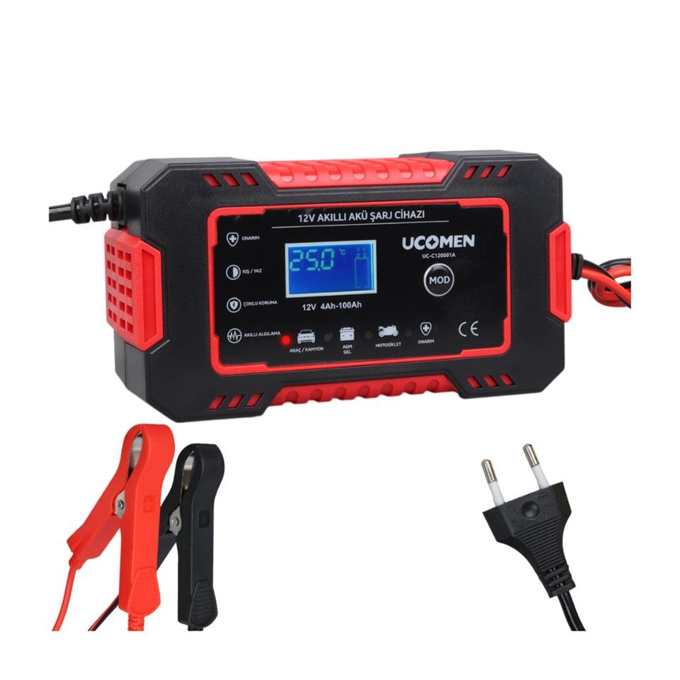 UCOMEN 12V ŞARJ REDRESÖRÜ (AKILLI AKÜ ŞARJ CİHAZI) OTOMATİK 6 A LCD EKRAN KIRMIZI (+AGM/JEL)