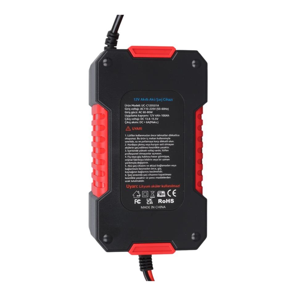 UCOMEN 12V ŞARJ REDRESÖRÜ (AKILLI AKÜ ŞARJ CİHAZI) OTOMATİK 6 A LCD EKRAN KIRMIZI (+AGM/JEL)