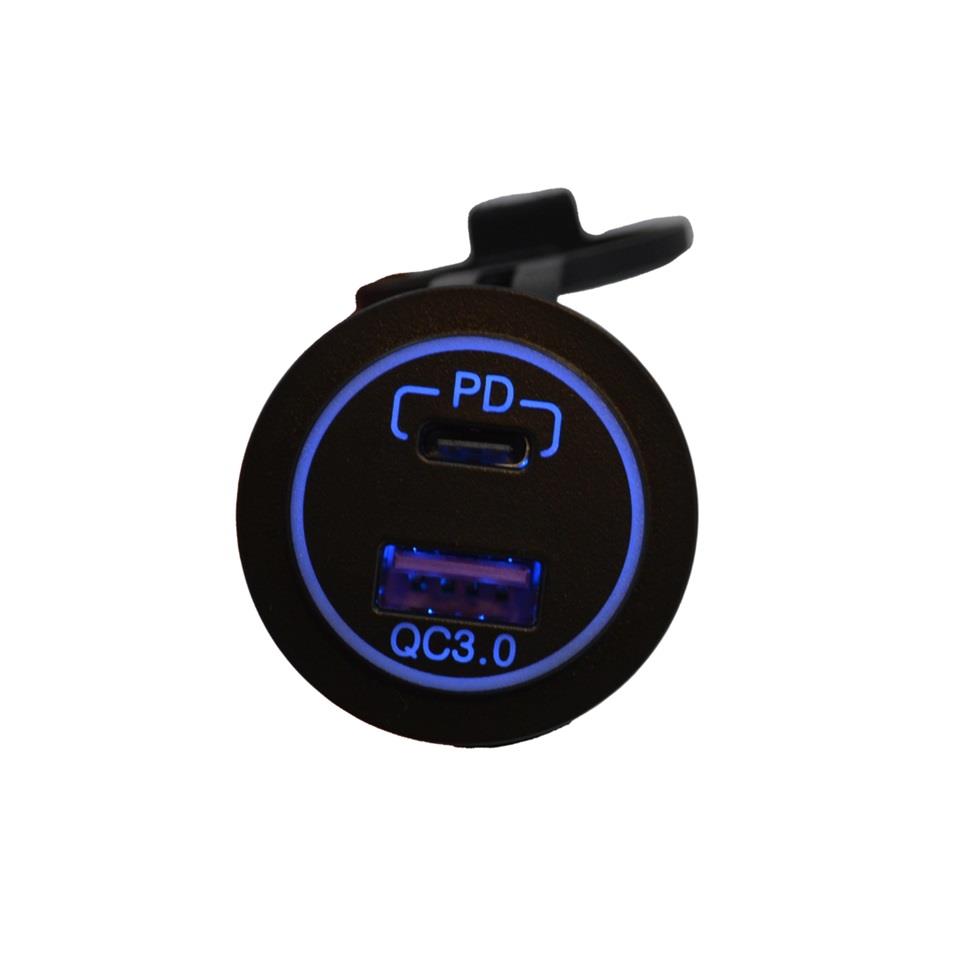 12V-24V TELEFON ŞARJ CİHAZI (USB+TYPE-C) (3 A) (MAVİ IŞIK) (28 MM)