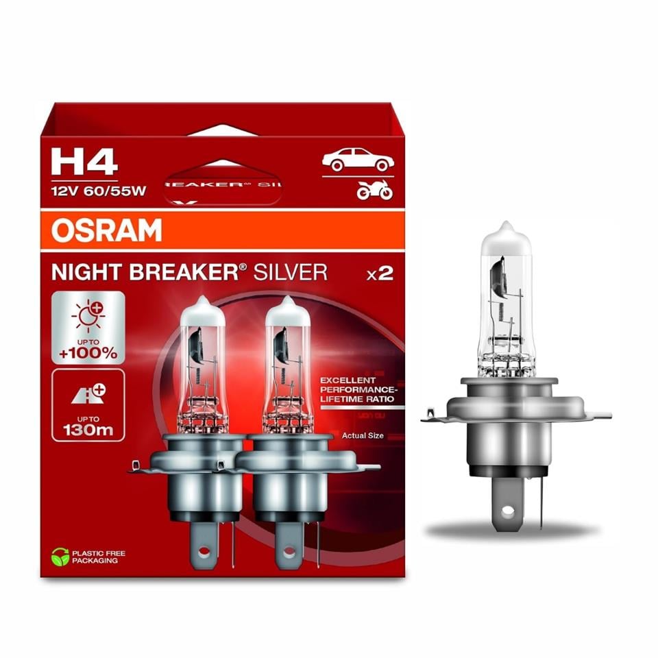 OSRAM 12V H4 AMPUL 60/55W +%100 PARLAK IŞIK +130 METRE FAZLA GÖRÜŞ NIGHT BREAKER SILVER (2 AD)