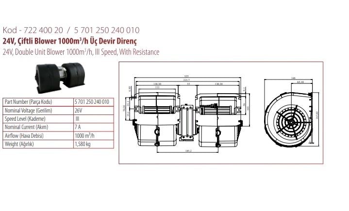 KORMAS 24V KALORİFER MOTORU (BLOWER) (325*148) (3 DEVİR)
