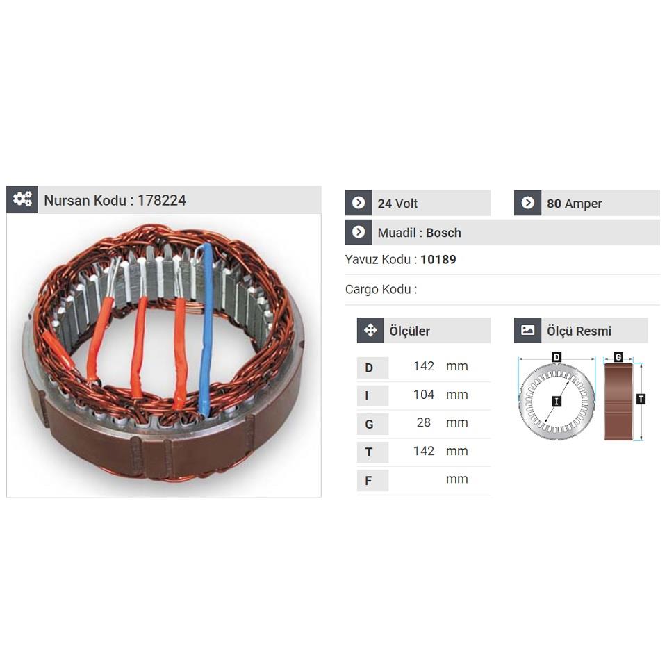 24V ALTERNATÖR STATÖR BOSCH TİPİ 80 A (4 UÇLU) (ÇİFT TEL)
