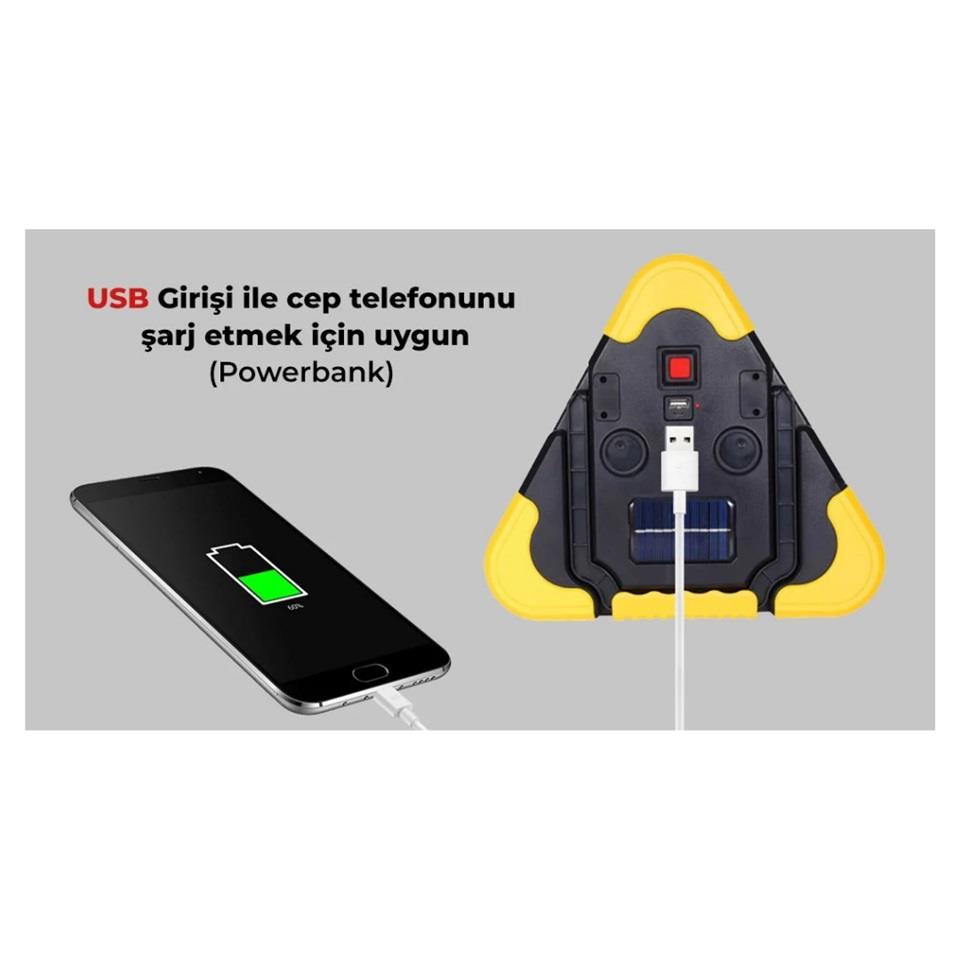 ÜÇGEN REFLEKTÖR-EL FENERİ LEDLİ ÇAKARLI (ŞARJLI-GÜNEŞ ENERJİLİ-POWERBANK-USB ÇIKIŞLI) (270*270 MM)