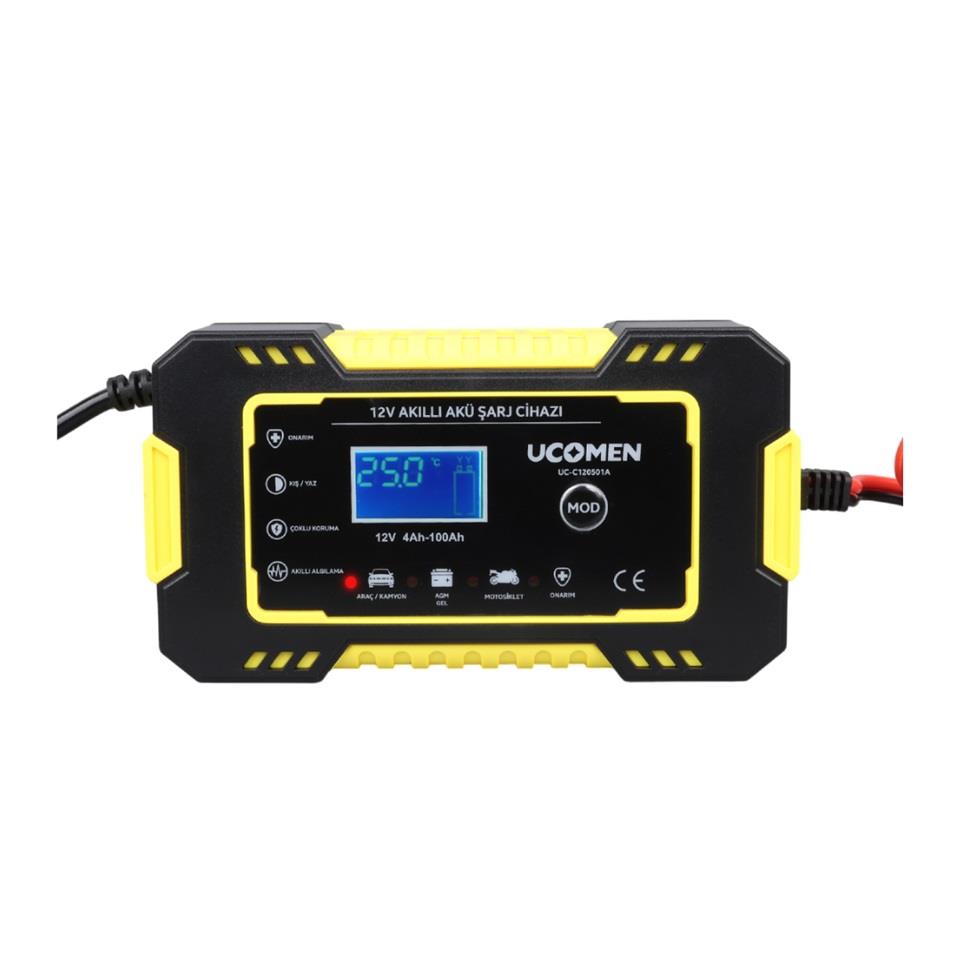 UCOMEN 12V ŞARJ REDRESÖRÜ (AKILLI AKÜ ŞARJ CİHAZI) OTOMATİK 6 A LCD EKRAN SARI (+AGM/JEL)