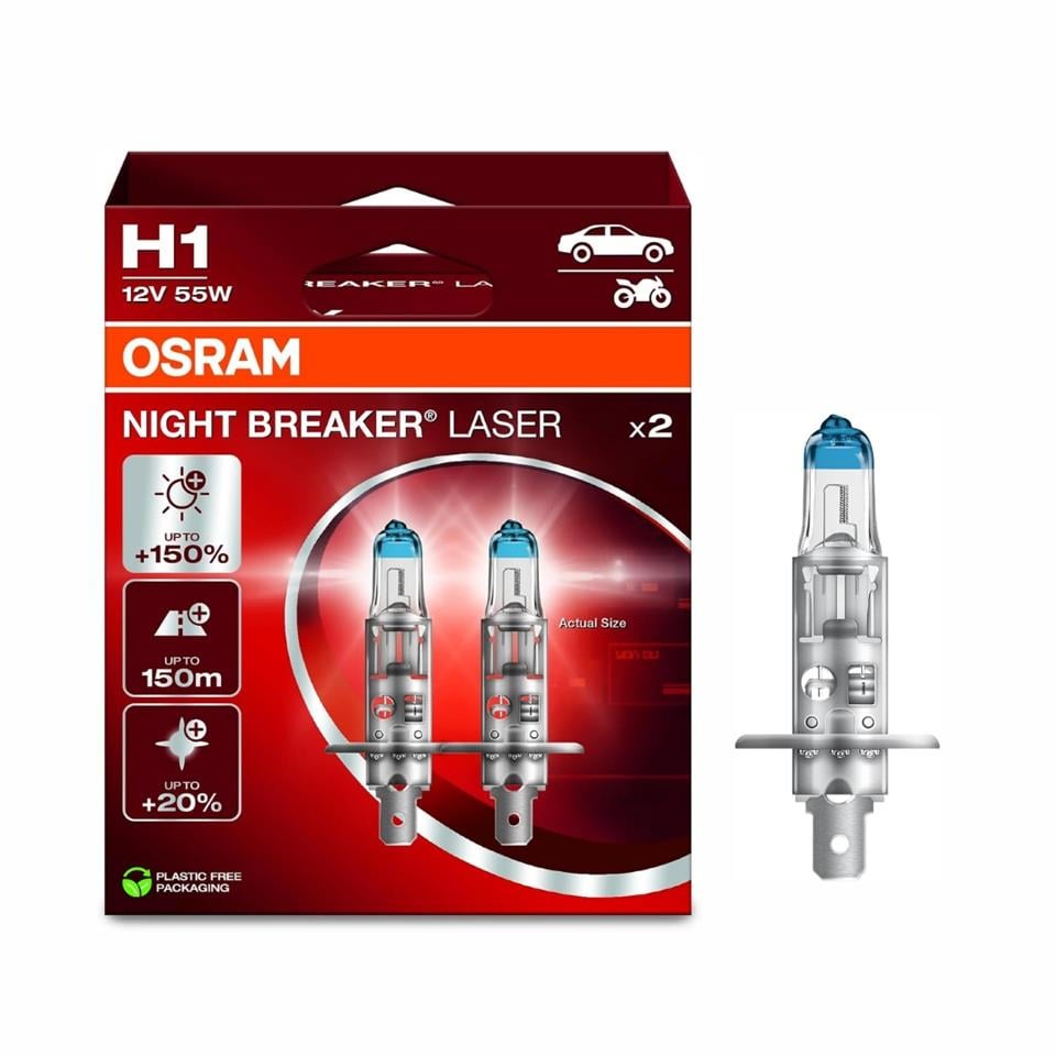 OSRAM 12V H1 AMPUL 55W +%150 FAZLA IŞIK 4200K NIGHT BREAKER LASER (2 AD)