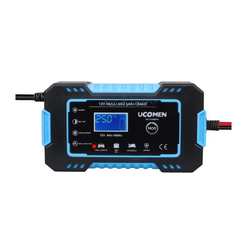 UCOMEN 12V ŞARJ REDRESÖRÜ (AKILLI AKÜ ŞARJ CİHAZI) OTOMATİK 6 A LCD EKRAN MAVİ (+AGM/JEL)