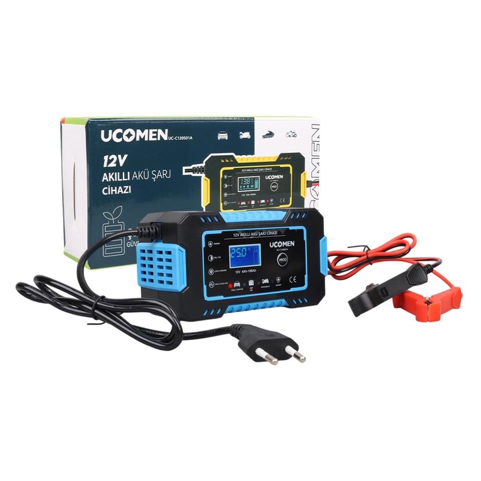 UCOMEN 12V ŞARJ REDRESÖRÜ (AKILLI AKÜ ŞARJ CİHAZI) OTOMATİK 6 A LCD EKRAN MAVİ (+AGM/JEL)