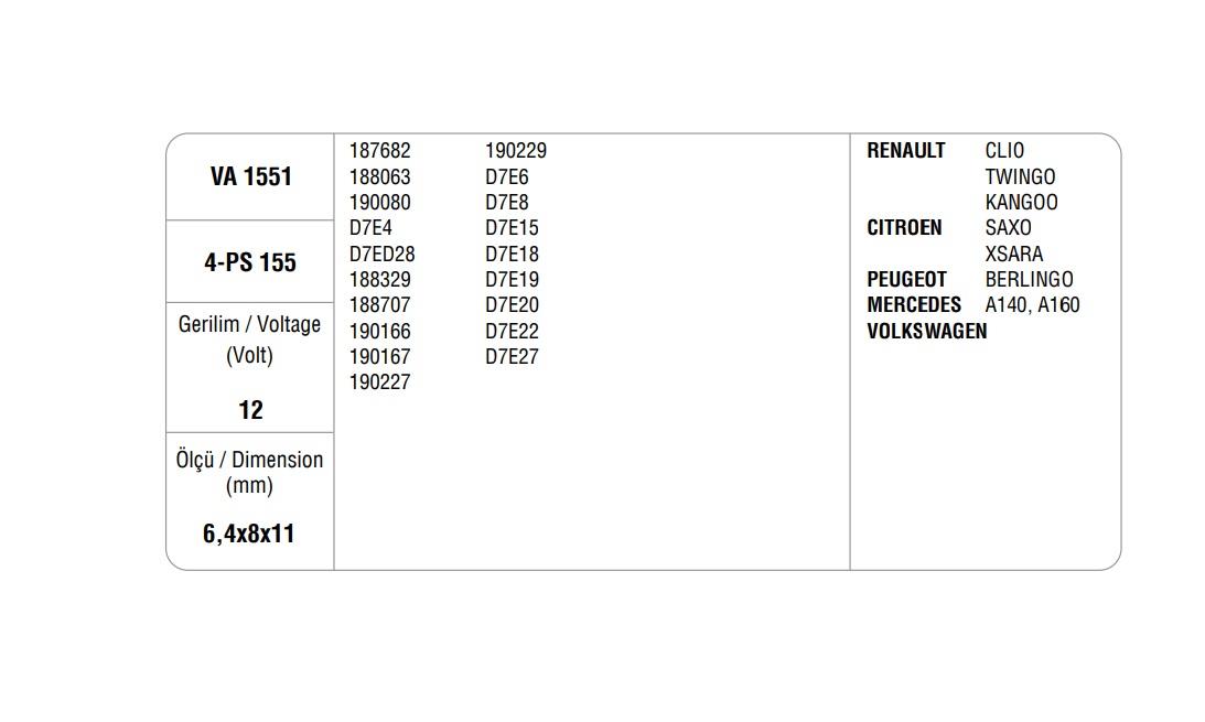 MARŞ KÖMÜRÜ VALEO TİPİ D7E CITROEN BERLINGO-MERCEDES A SERİSİ-RENAULT CLIO/KANGOO/MEGANE (4 AD)