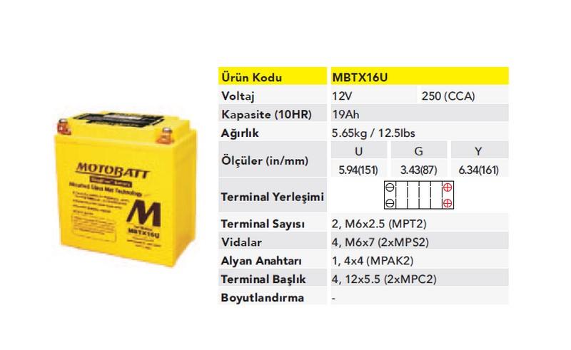 MOTOBATT 12V 19 AH MOTOSİKLET AKÜSÜ 250 A (EN) (151*87*161) (YTX16-BS-1) (TERS)