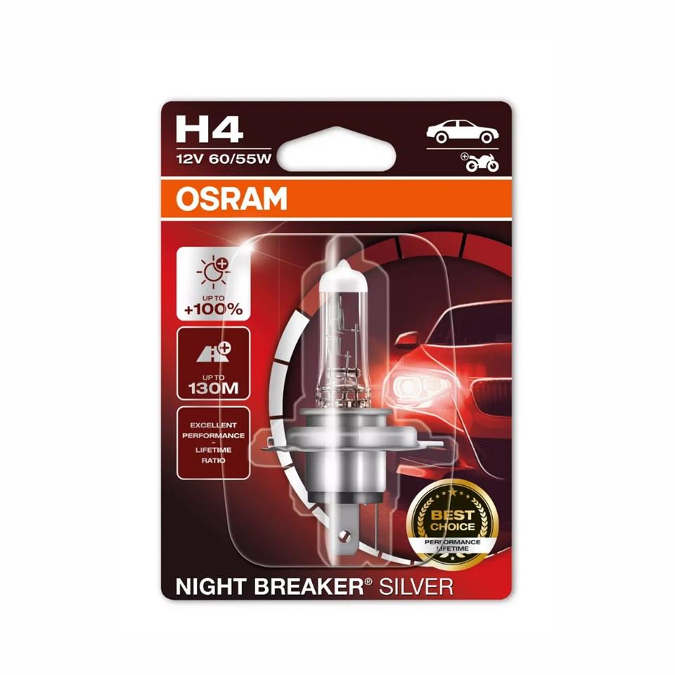 OSRAM 12V H4 AMPUL 60/55W +%100 PARLAK IŞIK +130 METRE FAZLA GÖRÜŞ NIGHT BREAKER SILVER (1 AD)