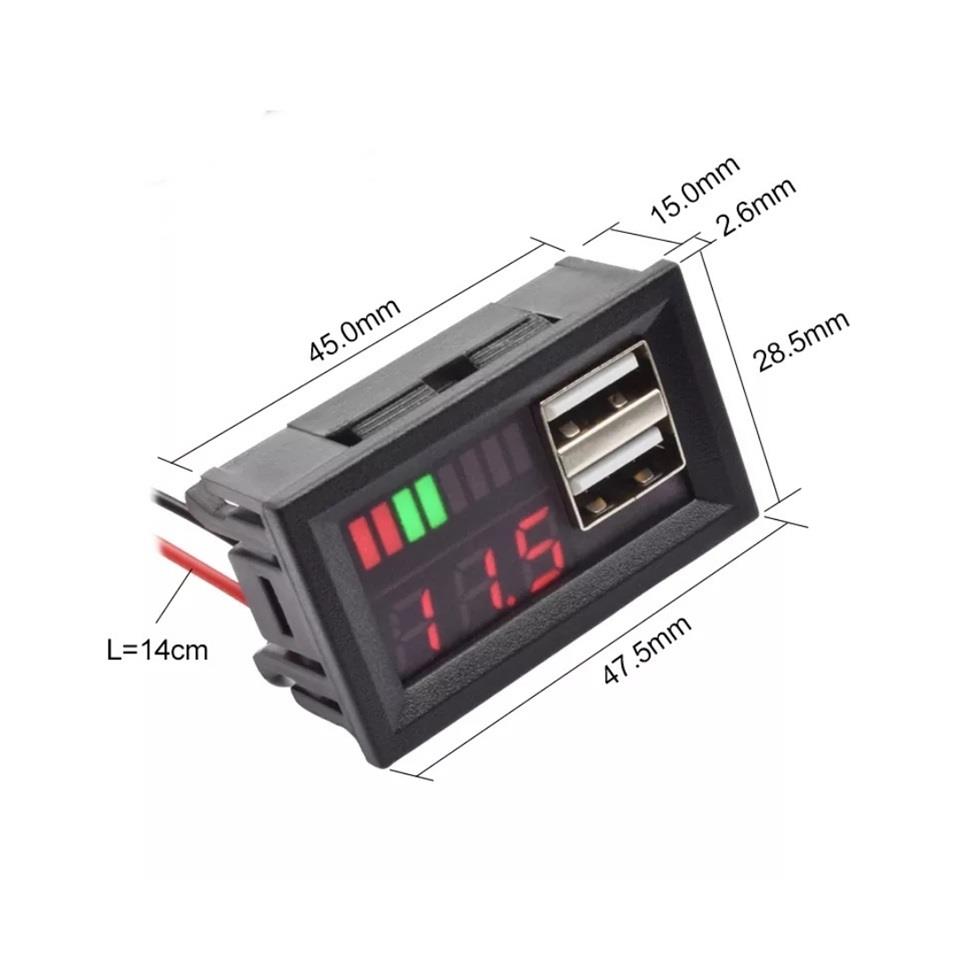 12V DİJİTAL VOLTMETRE (TEK EKRAN) (5V 2A USB X 2) (45*26 MM)