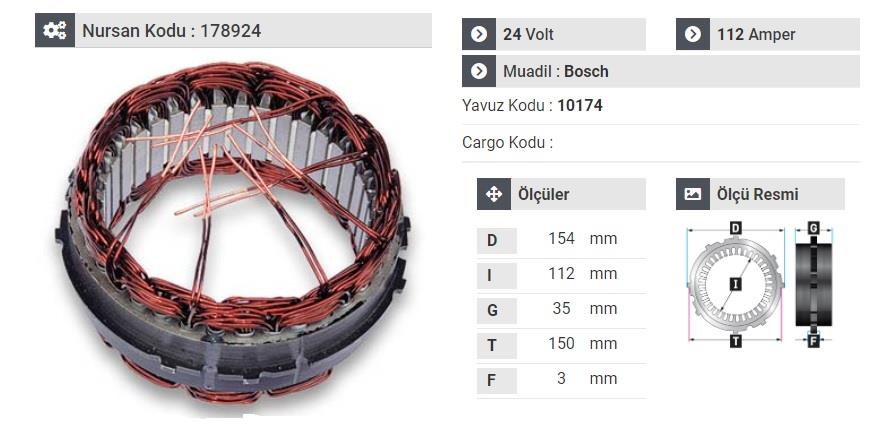 24V ALTERNATÖR STATÖR BOSCH TİPİ 112 A (6 UÇLU-TIRNAKLI) OTOBÜS