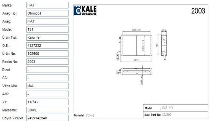 KALE KALORİFER RADYATÖRÜ (PETEĞİ) 2 SIRA BAKIR PLASIK KAZAN TOFAŞ M131/DOĞAN/KARTAL/ŞAHİN/SLX
