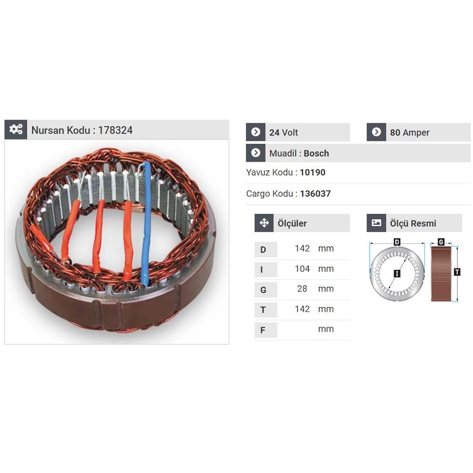 24V ALTERNATÖR STATÖR BOSCH TİPİ 80 A (4 UÇLU) (TEK TEL)