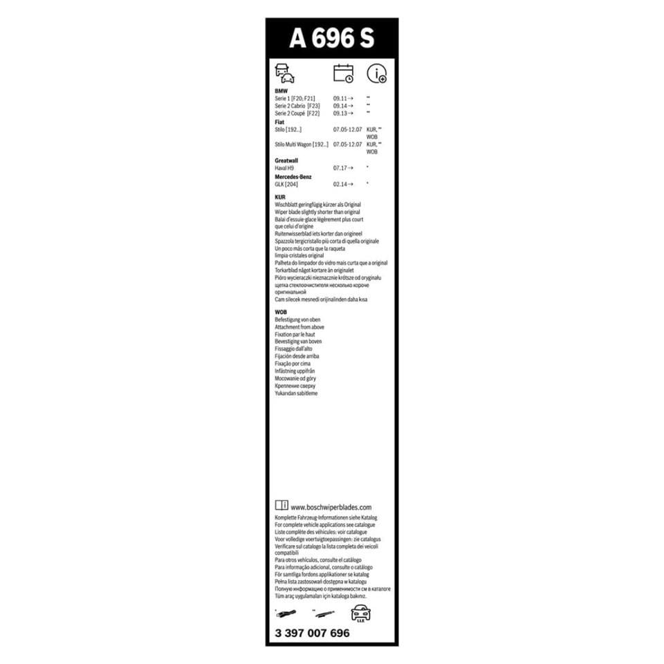 BOSCH SİLECEK SÜPÜRGESİ 550/450 MM AEROTWIN (A696S) BMW 1 SERİSİ F20/F21 2010 > MERCEDES GLK 2008 >