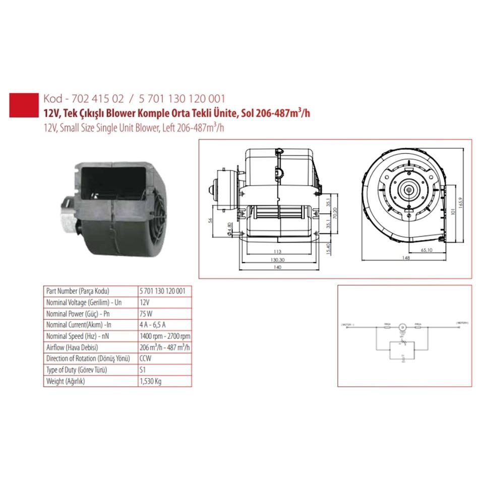 KORMAS 12V KALORİFER MOTORU TEKLİ BLOWER ORTA TİP (TEK DEVİR) (140*166*148 MM)