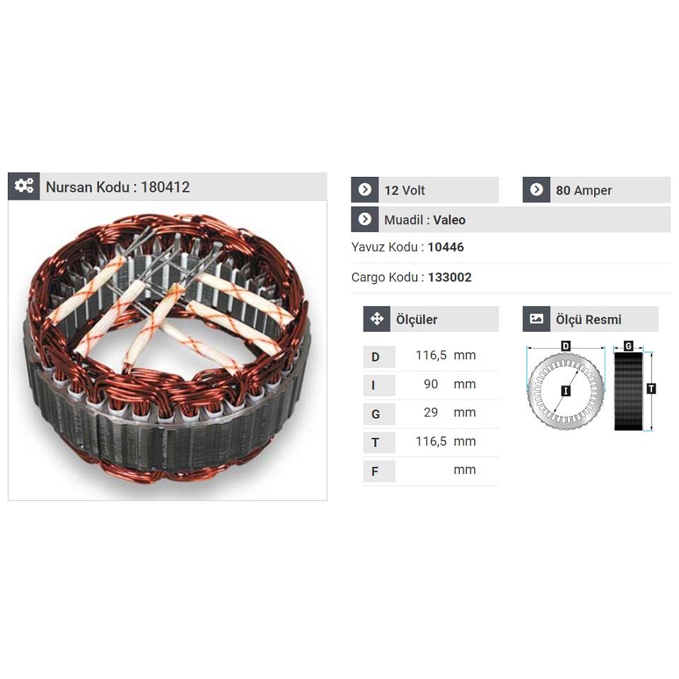 12V ALTERNATÖR STATÖR VALEO TİPİ 80 A (6 UÇLU)