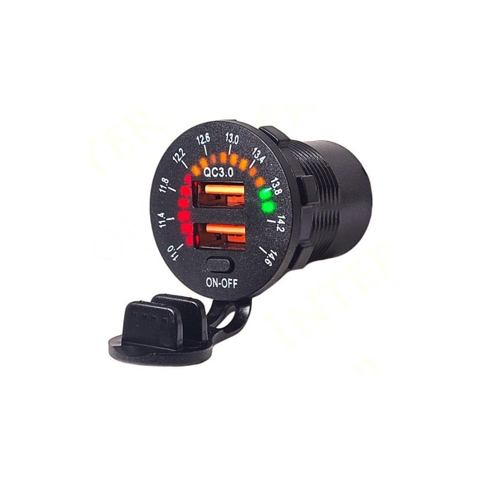 12V-24V DİJİTAL VOLTMETRE+ŞARJ CİHAZLI (USB X2) (3 A) (OFF-ON ANAHTARLIİ) (IŞIKLI) (28 MM)