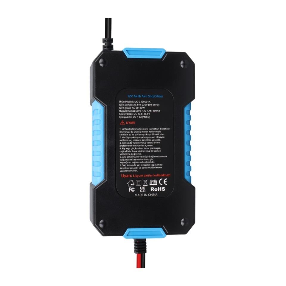 UCOMEN 12V ŞARJ REDRESÖRÜ (AKILLI AKÜ ŞARJ CİHAZI) OTOMATİK 6 A LCD EKRAN MAVİ (+AGM/JEL)
