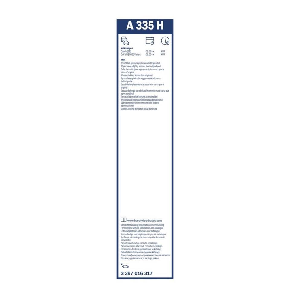 BOSCH SİLECEK SÜPÜRGESİ 330 MM AEROTWIN ARKA (A335H) SKODA KAROQ/OCTAVIA-VW CADDY/GOLF/PASSAT/T-ROC