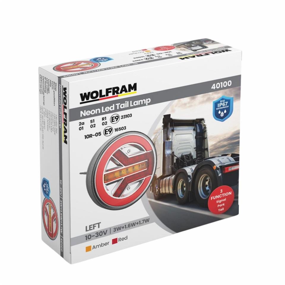 WOLFRAM 12V-24V STOP LAMBASI YUVARLAK (NEON LEDLİ-KAYAR SİNYALLİ) (3 FONKSİYONLU) (140*35 MM) E9 SOL