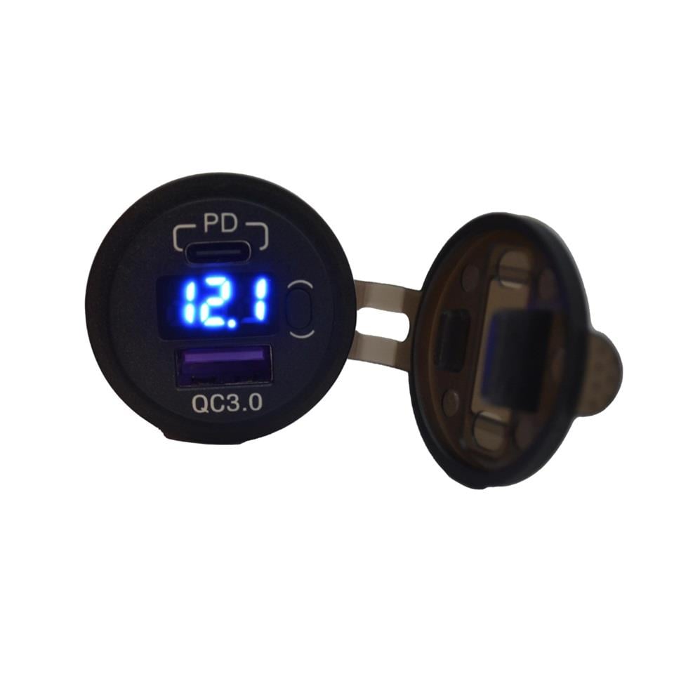 12V-24V DİJİTAL VOLTMETRE+ŞARJ CİHAZLI (USB+TYPE-C) (3 A) (OFF-ON ANAHTARLI) (MAVİ IŞIK) (28 MM)