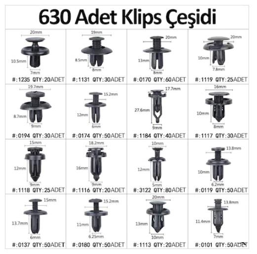 KAPI DÖŞEME-TAMPON-TORPİDO-TRİM PLASTİK PANEL OTO KLİPS SETİ (630 PARÇA)