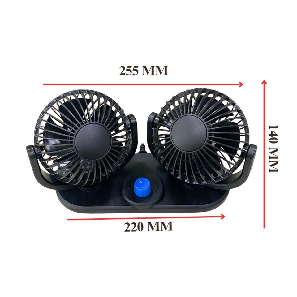 12V VANTİLATÖR 4  (ÇAKMAK FİŞLİ) (TORPİDO ÜSTÜ) (ÇİFT DEVRE) (360° AYARLANABİLİR) (255*110*140 MM)