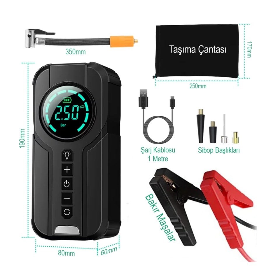 12V AKÜ TAKVİYE CİHAZI (1000A) LASTİK ŞİŞİRME HAVA KOMPRESÖRÜ (POWERBANK) (LED IŞIK-ÇAKARLI)
