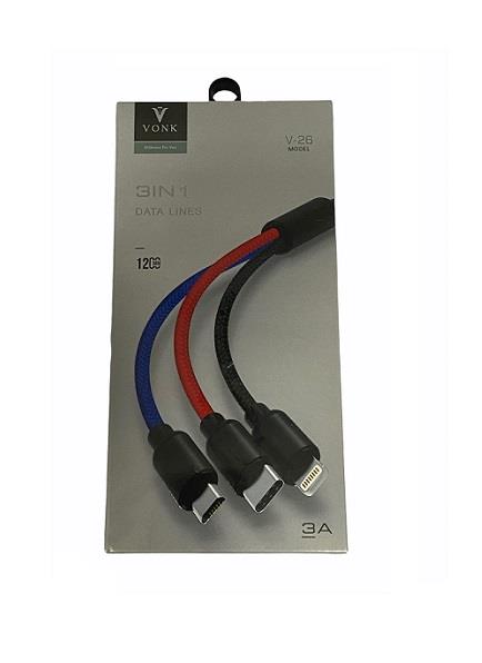 TELEFON ŞARJ KABLOSU IPHONE-MIKRO-TYPE-C (ÇOKLU UÇ) 5V 3A 120CM