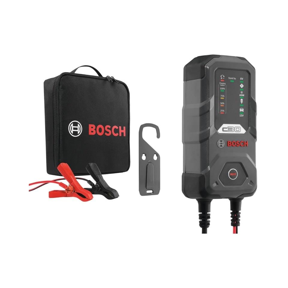 BOSCH 6V-12V ŞARJ REDRESÖRÜ (AKÜ ŞARJ CİHAZI) OTOMATİK C30 (6V-0.8 A / 12V-3.8 A) (WET-JEL-EFB-AGM)