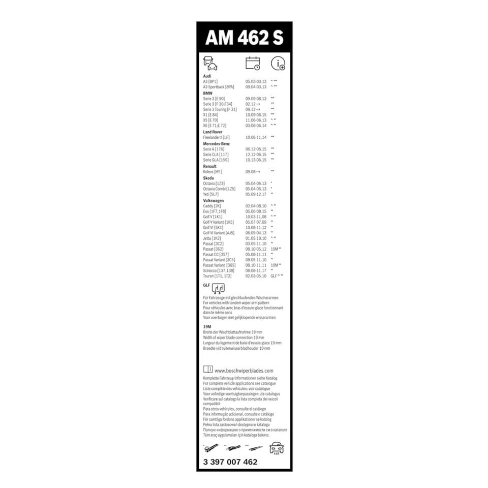 BOSCH SİLECEK SÜPÜRGESİ 600/475 MM AEROTWIN (AM462S) AUDI-BMW-LAND ROVER-MERCES-RENAULT-SKODA-VW