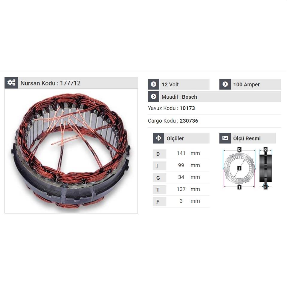 12V ALTERNATÖR STATÖR BOSCH TİPİ 100 A (6 UÇLU-TIRNAKLI)