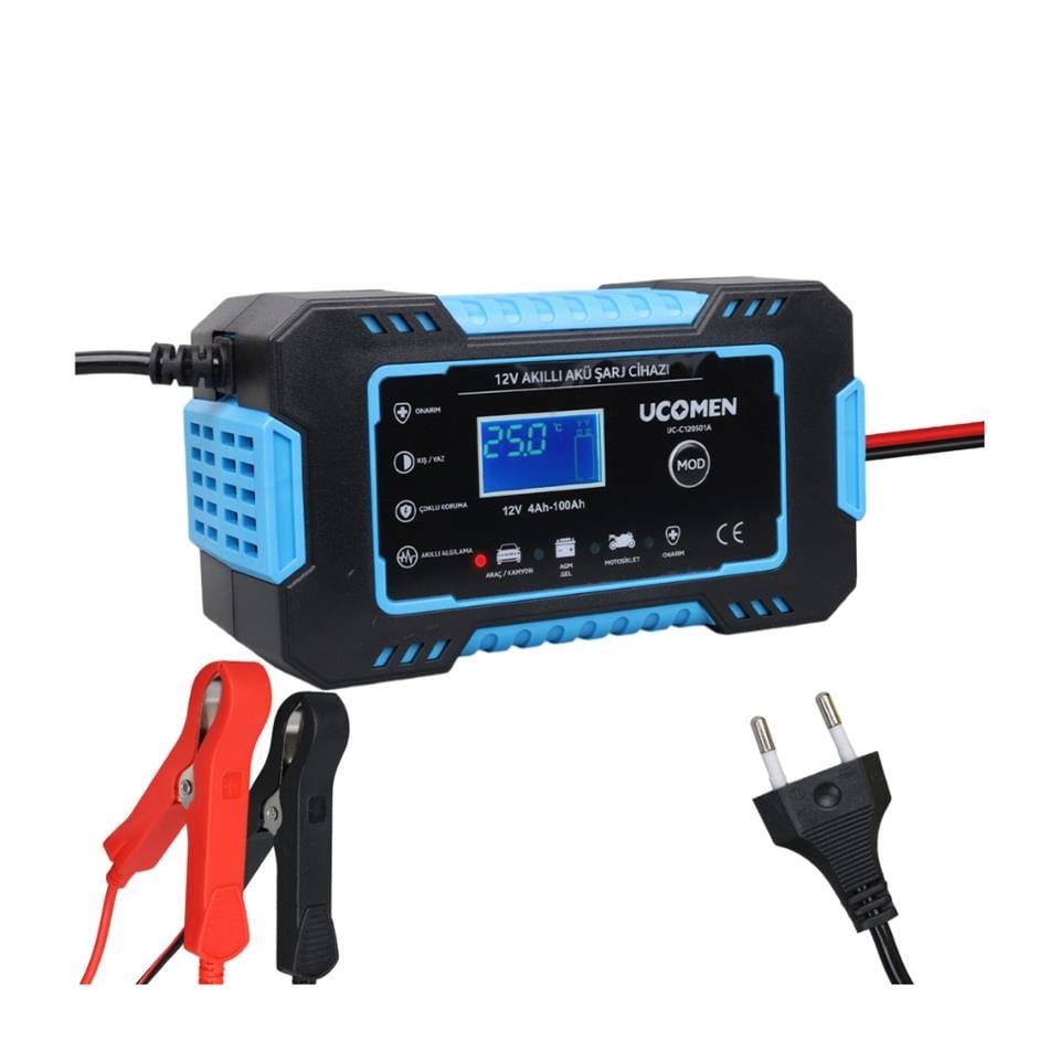 UCOMEN 12V ŞARJ REDRESÖRÜ (AKILLI AKÜ ŞARJ CİHAZI) OTOMATİK 6 A LCD EKRAN MAVİ (+AGM/JEL)