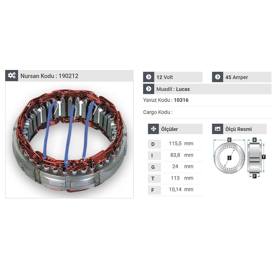 12V ALTERNATÖR STATÖR LUCAS TİPİ 45 A (3 UÇLU)  ACR 17/18 