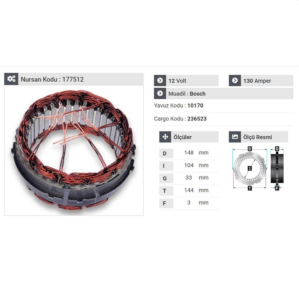 12V ALTERNATÖR STATÖR BOSCH TİPİ 130 A (6 UÇLU-TIRNAKLI)