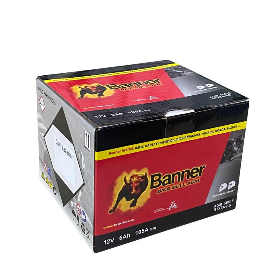 BANNER 12V 6 AH MOTOSİKLET AKÜSÜ AGM 105 A (EN) (150*87*93) (YTX7A-BS) (TERS)