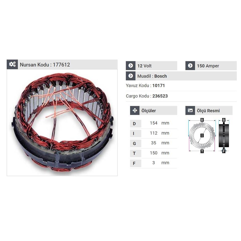 12V ALTERNATÖR STATÖR BOSCH TİPİ 150 A (6 UÇLU-TIRNAKLI)