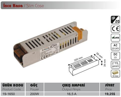 220V-240V AC GİRİŞ/12V DC ÇIKIŞ KONVERTÖR (VOLTAJ DÜŞÜRÜCÜ) (TRAFO) 16.5 A 200W (İNCE KUTULU)