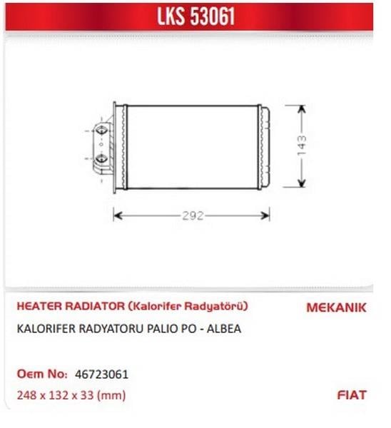 KALORİFER RADYATÖRÜ (PETEĞİ) FIAT ALBEA/PALIO/STRADA