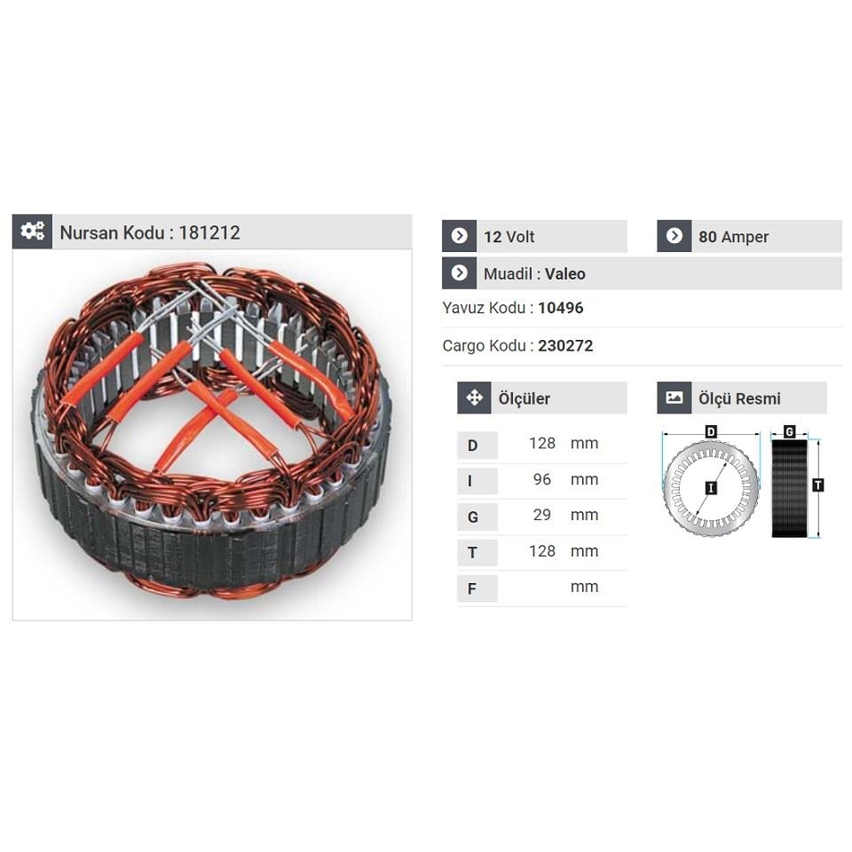 12V ALTERNATÖR STATÖR VALEO TİPİ 80 A (6 UÇLU)