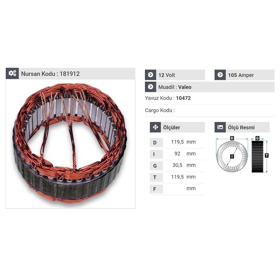 12V ALTERNATÖR STATÖR VALEO TİPİ 105 A (3 UÇLU)