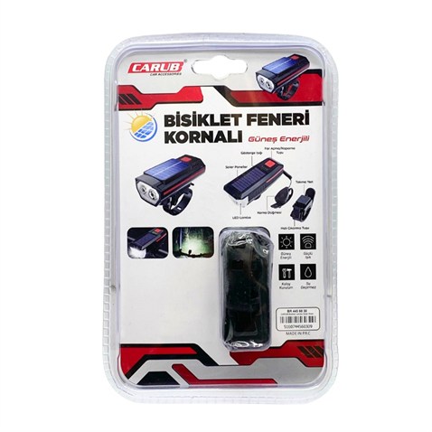 BİSİKLET FENERİ LEDLİ KORNALI (4 FONKSİYONLU ÇAKARLI) (USB ŞARJLI-GÜNEŞ ENERJİLİ) (100*45 MM)