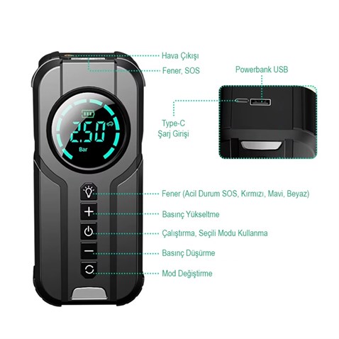 12V AKÜ TAKVİYE CİHAZI (BOOSTER) (6A) HAVA KOMPRESÖRÜ (USB-TYPE C POWERBANK) (LED IŞIK)